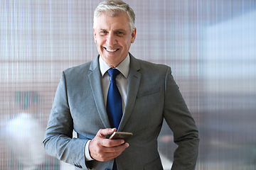 Image showing Portrait, senior man and ceo with smartphone, smile and leadership with skills, social media and texting. Face, mature male manager and entrepreneur with cellphone, happiness and formal in workplace