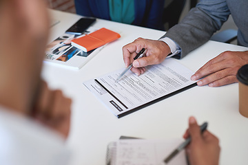 Image showing Contract, documents and business people hands with paperwork for legal advice, law firm strategy and negotiation. Policy, agreement and corporate lawyer or clients in b2b collaboration or partnership