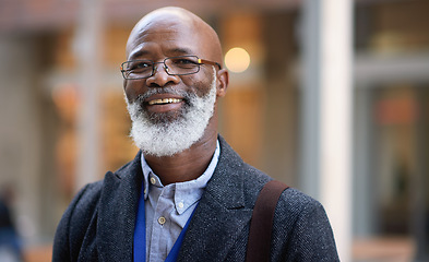 Image showing Senior black man, business and portrait in city, street or town with company goals. Ceo, boss and face glasses of happy elderly male entrepreneur from Nigeria with vision, mission and success mindset