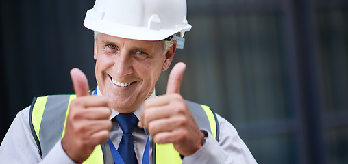 Image showing Thumbs up, engineer and portrait of senior man outdoor for building project management. Face of contractor person with helmet for civil engineering, safety and development at mockup construction site