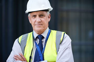 Image showing Construction, engineer and portrait of a senior man outdoor for building project management. Face of contractor person with helmet for civil engineering, safety and development at a site with vision