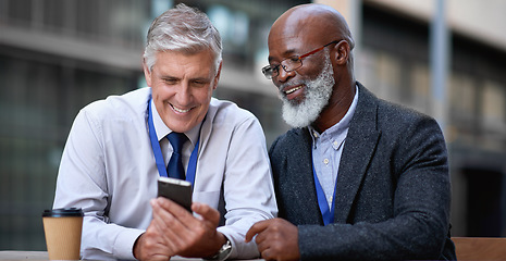 Image showing Phone, business people and laughing in city, street or town while on social media. Technology, comic and happy senior male friends with 5g mobile smartphone laugh at funny meme while web browsing.