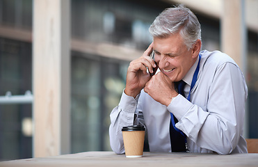 Image showing Phone call, business man and laughing in city, street or town while talking with contact. Technology, comic and happy senior male entrepreneur with 5g mobile smartphone laugh at funny joke or comedy.