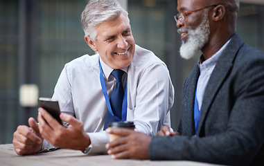 Image showing Senior business people, laughing and phone in city, street or town while on social media. Technology, comic or happy men, friends or coworkers with 5g mobile to laugh at funny meme while web browsing