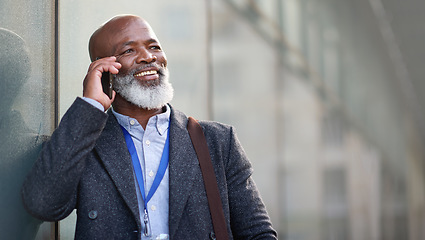 Image showing Phone call, idea and a business black man in the city with mockup for communication or networking. Contact, thinking and 5g mobile technology with a senior male manager talking on his smartphone