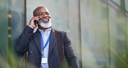 Image showing Phone call, thinking and a business black man in the city with mockup for communication or networking. Contact, idea and 5g mobile technology with a senior male manager talking on his smartphone