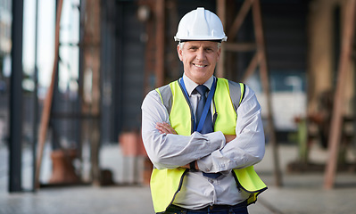 Image showing Portrait of senior engineer man at a construction site outdoor for building project management. Face of happy contractor person with helmet for civil engineering, safety and development with vision