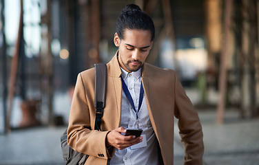 Image showing Business man, phone and typing in city, texting or internet browsing in street town outdoors. Technology, cellphone and male entrepreneur with 5g mobile smartphone for networking or social media.