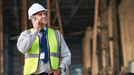 Image showing Engineer, construction and phone of a man outdoor for building project management. Senior contractor person talking to contact for civil engineering, safety idea and development at mockup space site