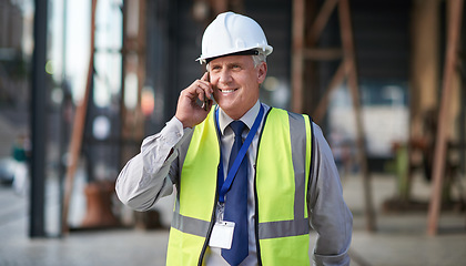 Image showing Construction, engineer and phone call of a man outdoor for building project management. Senior contractor person talking to industry contact about civil engineering, safety and development at a site