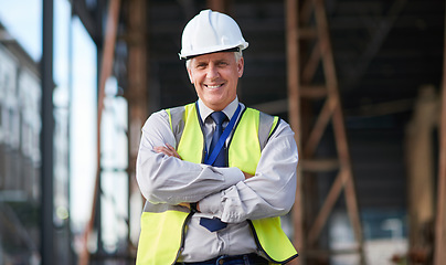 Image showing Construction site, engineer and portrait of senior man outdoor for building project management. Happy contractor person with arms crossed for civil engineering, safety and development or innovation