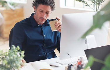 Image showing Writing, planning or graphic designer man on computer for creative research, planning web strategy or branding. Startup office or employee at desk working on notebook, SEO calendar schedule or agenda