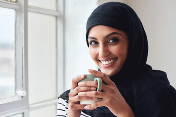 Image showing Muslim business woman, portrait and coffee with smile, happiness or relax by office window for energy. Young islamic executive, hijab and happy for espresso drink, matcha or motivation for leadership