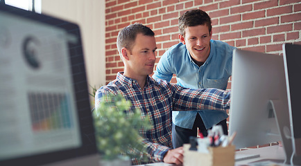 Image showing Computer, SEO questions or manager helping reading or coaching a worker in startup or group project. Leadership, faq or employee asking, talking or speaking to a man in a digital marketing agency