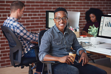 Image showing Computer, office portrait and black man at startup tech company for data analysis, digital graphs and chart. Desktop worker, information technology employee or person smile working at workspace desk