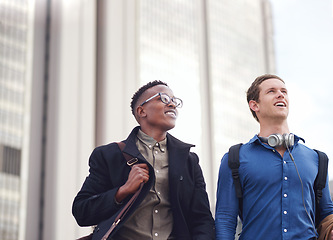 Image showing Vision, happy and business men in the city for a commute, traveling and looking for a location. Thinking, corporate and black man with a colleague in town to travel to work together in the morning