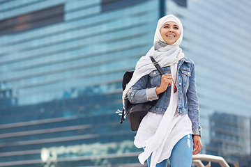 Image showing Smile, muslim and woman in city for travel, goal and future career against building background. Happy, islamic and girl student in New york for intern, program or experience with vision or mindset