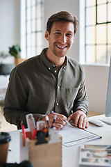 Image showing Business man, portrait and contract signing of a worker at an office desk with employee deal. Paperwork, document and planning web worker with b2b agreement feeling happy with work survey and ideas