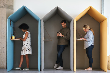 Image showing Creative, cubicles and planning with business people in office for networking, strategy and technology. Diversity, community and development with employee for digital agency, social media and startup