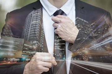 Image showing Businessman, suit and tie with double exposure of city with hands, night or street with motion blur. Executive man, metro or buildings with dark holographic overlay for leader, manager or cityscape
