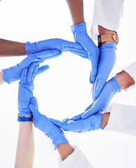 Image showing Connection, circle and teamwork, doctors hands isolated on white background for synergy and workflow. Healthcare group, medical staff together for cooperation, solidarity or problem solving below