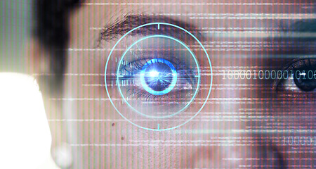 Image showing Biometric, digital and cyber security with eye scan of woman for identity, verification or facial recognition. Technology, future and ai with laser scanner focus of girl for hologram, contact or data