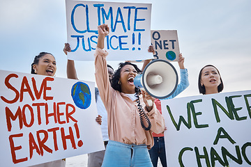 Image showing Black woman, climate change and megaphone protest with crowd protesting for environment and change. Save earth sign, group activism and angry people shouting on bullhorn to stop planet pollution.