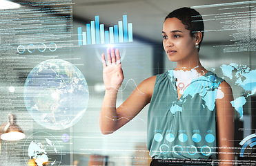 Image showing Globe, finance and overlay with a business black woman using an ai or ux interface to access the metaverse of data. Digital, future and information with a female employee working on a 3d hologram