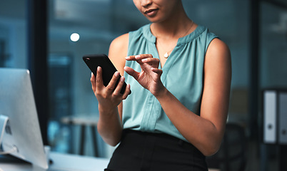 Image showing Phone hands, night and office woman typing finance portfolio feedback, stock market database or economy review. Forex investment budget, online data analysis or trader trading NFT, bitcoin or crypto