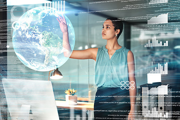 Image showing World, virtual reality or overlay with a business black woman using a ai ux interface to access metaverse data. Digital, future and information on a 3d hologram for finance, trading or stock market