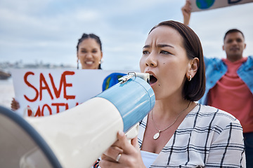 Image showing Climate change, megaphone and Asian woman protest with crowd protesting for environment and global warming. Save the earth, group activism and female shouting on bullhorn to stop planet pollution.