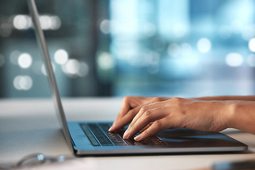 Image showing Laptop, night hands and woman typing finance portfolio feedback, stock market database or cloud computing. Forex investment budget, web data analysis and online trader trading NFT, bitcoin or crypto