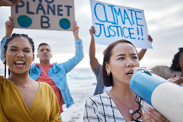 Image showing Megaphone, climate change and Asian woman protest with crowd at beach protesting for environment and global warming. Save the earth, group activism and people shouting on bullhorn to stop pollution.