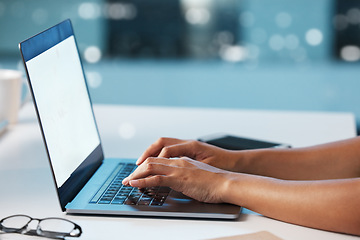 Image showing Mockup laptop, hands or woman typing finance portfolio feedback, stock market database or cloud computing. Forex investment budget, online data analysis or night trader trading NFT, bitcoin or crypto