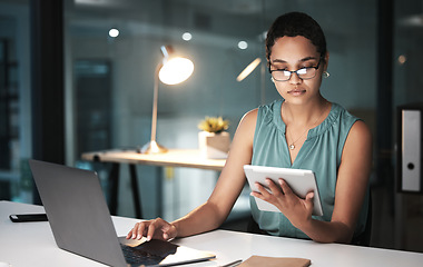 Image showing Tablet, laptop and night woman reading finance portfolio feedback, stock market database or ecommerce review. Forex investment budget, data analysis and African trader trading NFT, bitcoin or crypto