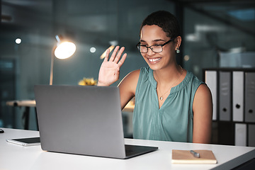 Image showing Video conference, laptop and black woman in business with virtual meeting, communication and technology. Wave hello, working night in office with webinar, connectivity and wifi, smile and online call