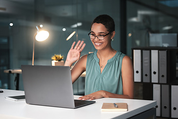 Image showing Video call, laptop and black woman in business with virtual meeting, communication and technology. Wave hello, working night in office with webinar, connectivity and wifi, smile and online conference