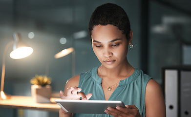 Image showing Office tablet, night and woman typing finance portfolio feedback, stock market database or cloud computing. Forex investment review, web data analysis or African trader trading NFT, bitcoin or crypto