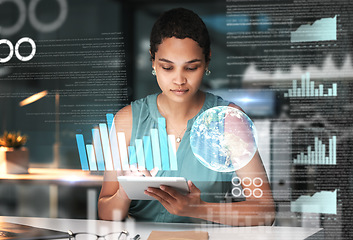 Image showing Black woman with tablet, erp data hologram and innovation, research and programming in future information technology. Futuristic network, analytics and developer for startup business website software