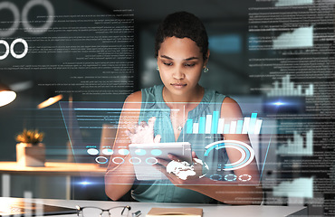 Image showing Black woman with tablet, erp data overlay and innovation, research and programming in future information technology. Futuristic network, analytics and developer for startup business website software.
