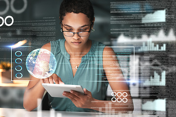 Image showing Tablet, black woman and globe hologram with graphs and analytics, future technology and digital overlay with code, Futuristic, tech innovation and 3D, focus and cyber space with big data and analysis