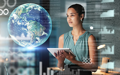 Image showing World, finance and tablet with a black woman in the metaverse, doing research or data analysis at work. Overlay, hologram and global with a stock market employee using a vr dashboard to search earth