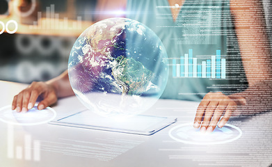 Image showing Tablet Earth hologram or woman hands review finance chart, cyber stock market database or future globe overlay. Forex ui investment, world economy graph or global trader trading NFT or bitcoin crypto