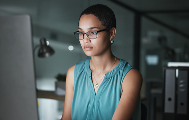 Image showing Office computer, night or black woman reading finance portfolio, stock market database or review ecommerce feedback. Forex investment, financial data analysis or trader trading NFT, bitcoin or crypto