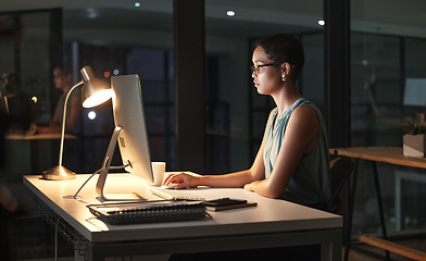 Image showing Computer, night or black woman reading business portfolio, stock market database or review ecommerce feedback. Forex investment, finance data analysis or profile trader trading NFT, bitcoin or crypto