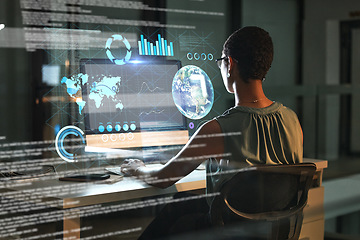 Image showing Computer, global data hologram and woman review finance chart, stock market database or futuristic ui overlay. Forex investment hud, ecommerce back view or night trader trading NFT, bitcoin or crypto