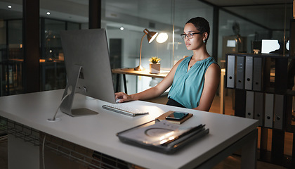 Image showing Computer, overtime night and woman reading finance portfolio, stock market database or review ecommerce feedback. Forex investment, web data analysis and African trader trading NFT, bitcoin or crypto