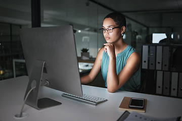 Image showing Computer, thinking and night woman reading finance portfolio, stock market database or review ecommerce feedback. Forex investment idea, data analysis or African trader trading NFT, bitcoin or crypto