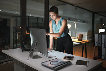 Image showing Computer, overtime night or black woman reading finance portfolio, stock market database or review ecommerce feedback. Forex investment gesture, data analysis or trader trading NFT, bitcoin or crypto