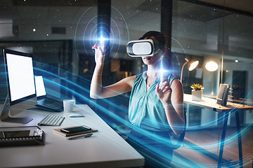 Image showing Metaverse, vr and business woman in virtual reality exploring a cyber world in office at night. Futuristic, mockup technology and female employee with ai and software for 3d digital transformation.